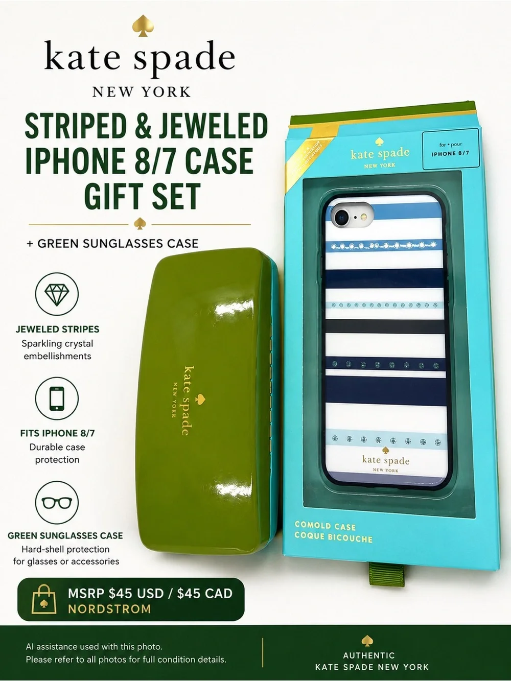 Kate Spade iPhone 8/7 Striped Jeweled Case NWT + Sunglasses Case Bundle